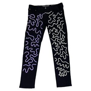 Custom Painted Haring Design Black Denim Streetwear Art Jeans - Mens 36 x 31